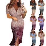 Womens Evening Dress Short Sleeve Gradient Color with Sequins Formal Party Wear