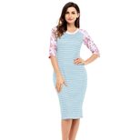Striped Color Block Short Sleeve Dress for Women Loose Fit Round Neck Mid Length Casual Wear