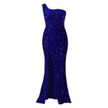 Elegant Sequin Maxi Dress Asymmetrical Shoulder High Slit Fashionable Design Evening Wear Party