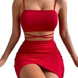 Fashionable Solid Color Knitted Bodycon Dress Hollow Out Design Sleeveless Short Skirt Perfect f