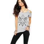 Geometric Print Off Shoulder T Shirt Short Sleeve Mid Length Stylish Design Casual Wear for Wome