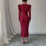 Vintage Burgundy Velvet Dress for Women Square Neck Puff Sleeves Slim Fit Side Slit Autumn Winte