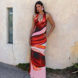 Womens Spring Fashion Dress Sexy Halter Neck Color Block Print Bodycon Fit Backless Design Eveni
