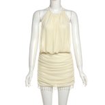 Summer Womens Dress Sexy Halter Neck Sleeveless Bodycon Fit Fringe Detail Beaded Accents Party o