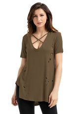 Womens Distressed T Shirt Loose Fit Short Sleeve Round Neck Solid Color Casual Wear