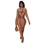 High Neck Long Sleeve Bodycon Dress Fashionable Snake Print Metallic Button Details Autumn Winte