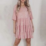 Sequin A Line Dress Round Neck Short Sleeve Loose Fit Evening Party Wear ready to ship