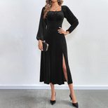 Velvet Long Sleeve Dress Sexy Split Design Waist Cinching Square Neck Puff Sleeves Evening Party