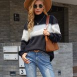 High Neck Lantern Sleeve Sweater Color Block Design Knitted Fabric Cozy Fit Autumn Winter Fashion Wholesale