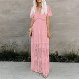 Lace Maxi Dress for Women V Neck Embroidered Sleeveless Solid Color Summer Vacation Wear