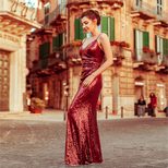 Womens Sequin Maxi Dress Sleeveless Spaghetti Strap Solid Color Elegant Evening Wear