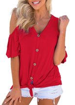 Womens Off Shoulder V Neck Button Knot Short Sleeve T Shirt Casual Fit Lightweight Fabric Summer Wear Wholesale