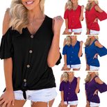 Womens Off Shoulder V Neck Button Knot Short Sleeve T Shirt Casual Fit Lightweight Fabric Summer Wear Wholesale