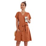 Loose Knee Length Dress for Women Summer Collection Deep V Neck Short Sleeve Button Closure Casu