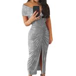 Elegant Evening Dress V Neck Short Sleeve Sequin Side Split Formal Events Parties Wholesale Avai