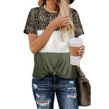 Womens Short Sleeve T Shirt Leopard Print Color Block Casual Fit Round Neck Lightweight Fabric
