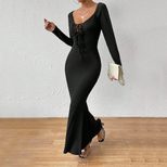 Elegant Long Sleeve Bodycon Dress Deep U Neck Front Tie Slim Fit Chic Style Perfect for Evening