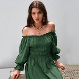 Off Shoulder Lantern Sleeve Maxi Dress Vintage Aesthetic Ruffled Bust Long Sleeve Flowy Design P