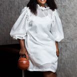 Hollow Out Puff Sleeve Two Piece Dress Solid Color Elegant Design Trendy Style Perfect for Autum