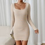 Womens Long Sleeve Bodycon Dress Solid Color U Neck Striped Skirt Autumn Winter Fashion Wholesal