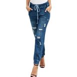 High Waist Loose Fit Womens Denim Jeans with Drawstring and Ripped Details for Casual Wear Wholesale
