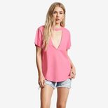 Womens Casual Loose Fit Short Sleeve T Shirt Deep V Neck Solid Color Summer Wear