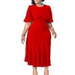 Plus Size African Dress Solid Color Round Neck Puff Sleeves Slim Fit Casual Wear for Summer OEM