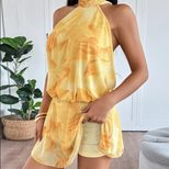 Womens Fashion Tie Back Halter Mini Dress Yellow Floral Print Casual Summer Style Wholesale Avai