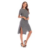Womens Solid Color Midi Dress Short Sleeve Round Neck Side Slit Autumn Winter Fashion Wholesale