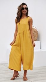 Womens Casual Jumpsuit Solid Color Comfortable Fit Sleeveless Design for Everyday Wear