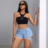 Fringe Hem Denim Shorts Slim Fit Tie Detail Casual Style Perfect for Summer Outings Wholesale Av