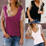 Womens Casual V Neck Sequin Short Sleeve T Shirt Summer Collection in Multiple Sizes
