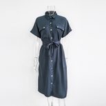 Womens Summer Dress Short Sleeve Lapel Collar Solid Color Belted Casual Wear ready to ship