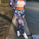 Casual Distressed Tie Dye Denim Pants Button Detail Straight Leg Breathable Fabric Ideal for Everyday Wear