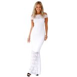 Off Shoulder Short Sleeve Lace Printed Mermaid Maxi Dress Side Zipper Elegant Design Perfect for