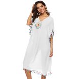 Colorful Tassel Beach Cover Up Dress Hand Crocheted Floral Patchwork Loose Fit Deep V Neck Whole