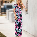 Womens Floral Print Maxi Dress Short Sleeve V Neck Summer Casual Wear Available in Multiple Sizes Wholesale
