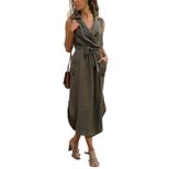 Summer Womens Dress Solid Color Sleeveless High Waist Tie Belt Midi Length Casual Wear Wholesale