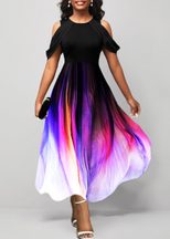 Gradient Print Short Sleeve Round Neck Maxi Dress for Women Spring Summer Fashion