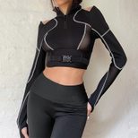 Off Shoulder Black Long Sleeve T Shirt for Women Sheer Mesh Cropped Fit Casual Wear