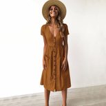 Summer High Waisted Dress V Neck Button Closure Pocket Design Available in Eight Colors Wholesal