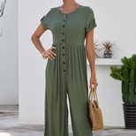 Womens Summer Jumpsuit Loose Fit High Waist Short Sleeve Button Design Casual Wear
