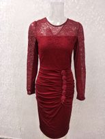 Lace Back Detail Dress for Women Pleated Round Neck Long Sleeve Elegant Evening Wear