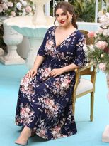 Plus Size Navy Blue Maxi Dress with Elastic Waist and Floral Print for Casual Wear Wholesale low MOQ