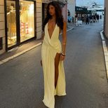 Backless Deep V Neck Maxi Dress Halter Neck High Slit Elegant Style Perfect for Evening Events W