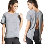 Womens Loose Fit Solid Color T Shirt Round Neck Short Sleeve Backless Design Spring Fashion Top