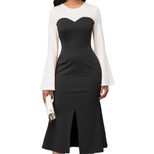 Womens Spring Summer Dress Waist Defining Slim Fit Round Neck Long Sleeve Color Block Casual or