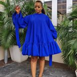Loose Fit Solid Color Puff Sleeve Dress Plus Size Casual Style Autumn Wear Wholesale Available