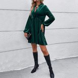Velvet Long Sleeve Dress Waist Defined Flared Skirt Puff Sleeves Fall Winter Fashion for Women O