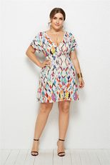 Plus Size V Neck Digital Print Dress Beach Vacation Style Lightweight Fabric